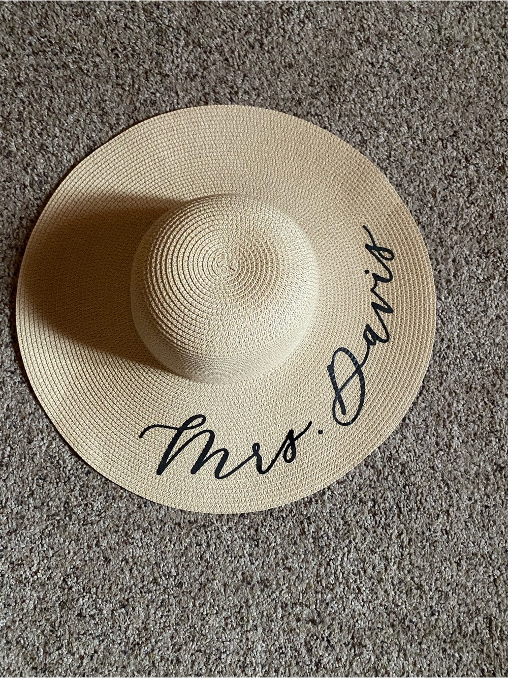 Personalized Wide Brim Straw Sun Hat in Natural with Black lettering